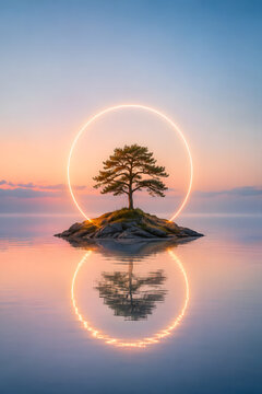 Glowing Circular Portal Around Lone Pine Island at Sunrise