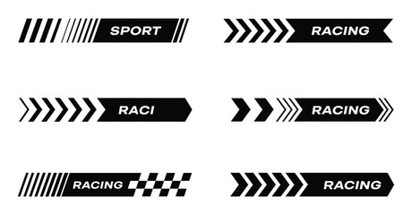 Sport and Racing Banners. A collection of dynamic black and white banners featuring racing stripes, chequered flags, and arrows, emblazoned with the words SPORT and RACING. © Binoy Vectors