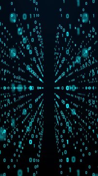 Vertical background of digital binary code tunnel grid loops on dark background. Ideal for big data technology, cyber security matrix, futuristic cloud computing networking and internet programming