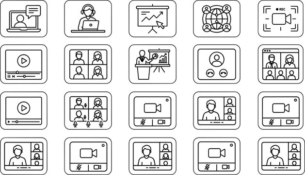 Video conference line icon set featuring online meeting webinar distance learning virtual workspace remote work