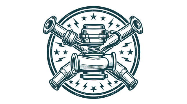 Vintage automotive emblem featuring a mechanical wastegate and crossed exhaust pipes within a circular frame decorated with stars and lightning bolts on a white background.