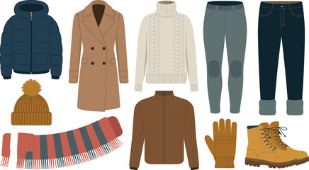 Winter clothing and warm autumn fashion vector collection featuring puffer jacket trench coat boots scarf © RAJU