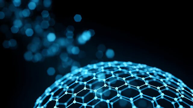 Intricate blue glowing digital sphere made of geometric hexagonal network structures floating in deep space represents advanced scientific data connection and futuristic AI technology concept