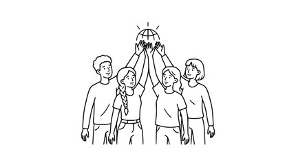 Obraz premium Diverse team holding globe overhead, unity, global connection, teamwork concept