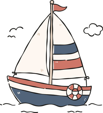 Sailboat with striped sails Clipart, Cute Nautical Ocean Marine Vector, Hand Drawn flat color Kids Nursery Sublimation Graphic Element