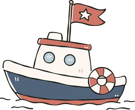 Cute tugboat with star flag Clipart, Cute Nautical Ocean Marine Vector, Hand Drawn flat color Kids Nursery Sublimation Graphic Element