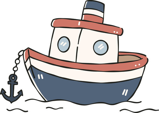 Small harbor boat with anchor Clipart, Cute Nautical Ocean Marine Vector, Hand Drawn flat color Kids Nursery Sublimation Graphic Element