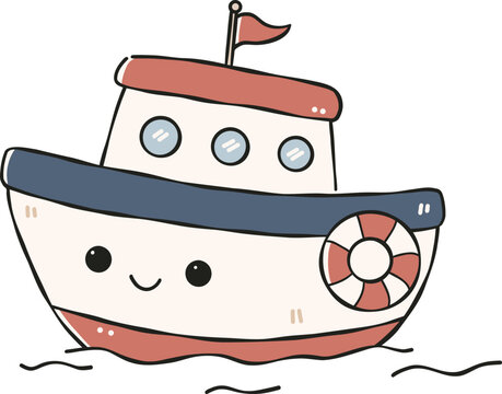Cute cartoon boat with lifebuoy Clipart, Cute Nautical Ocean Marine Vector, Hand Drawn flat color Kids Nursery Sublimation Graphic Element