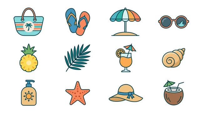 Tropical summer beach vacation accessories icon set.