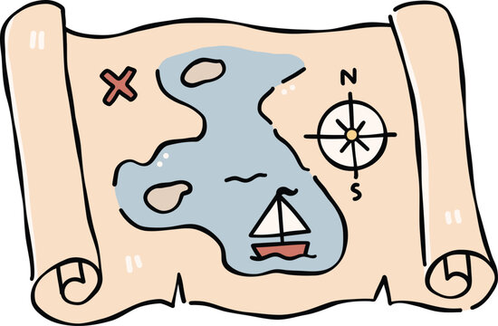 Old pirate treasure map scroll Clipart, Cute Nautical Ocean Marine Vector, Hand Drawn flat color Kids Nursery Sublimation Graphic Element