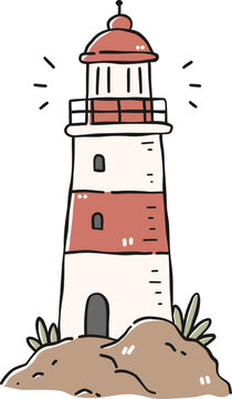 Adobe Illustrator ArtworkCoastal lighthouse on rocks Clipart, Cute Nautical Ocean Marine Vector, Hand Drawn flat color Kids Nursery Sublimation Graphic Element