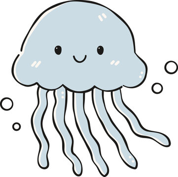 Cute blue jellyfish floating Clipart, Cute Nautical Ocean Marine Vector, Hand Drawn flat color Kids Nursery Sublimation Graphic Element
