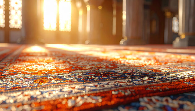 Sunlight illuminating ornate rug inside grand building interior
