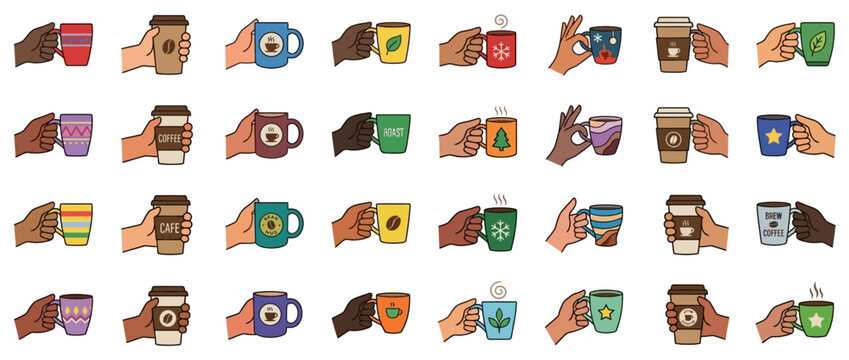 Minimalist flat vector illustration of a hand holding a cup of hot coffee