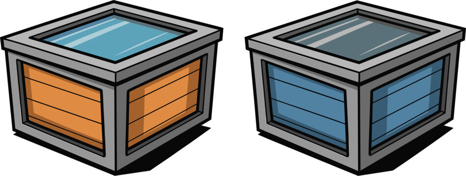 Vector illustration of futuristic glass display containers, sci-fi cargo shipping crate boxes, isometric game assets