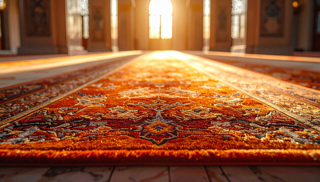 Sunlight streaming through large windows onto ornate carpet in grand interior