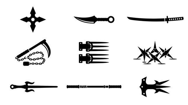 Set of black ninja weapon silhouettes on white background
