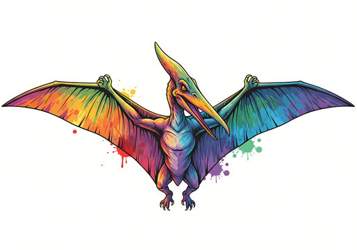 Vibrant Rainbow Pterodactyl Dinosaur Illustration Flying with Spread Wings, Colorful Ink Splatter Art Style, Prehistoric Creature Isolated on White for Creative Graphic Design