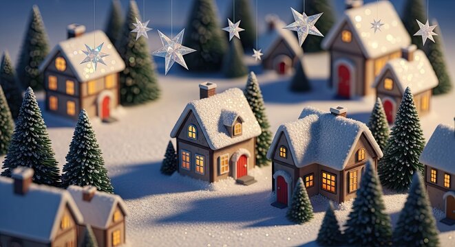 Close up miniature houses in winter snow landscape.