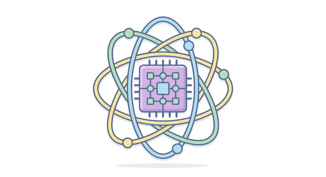 Quantum computing processor microchip with atomic orbital structure representing high technology and data science innovation concept