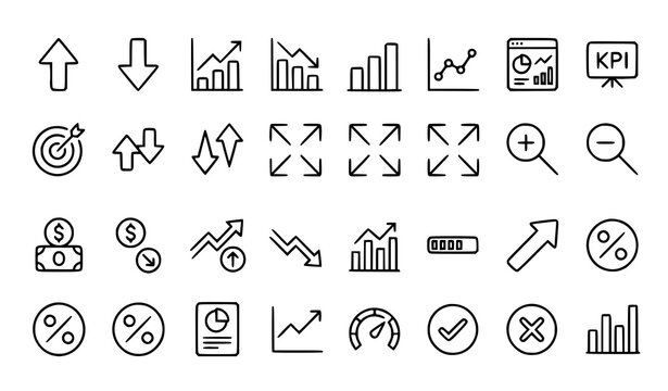 Increase and decrease web thin line vector icon set featuring growth decline charts analytics and business trend symbols on transparent background