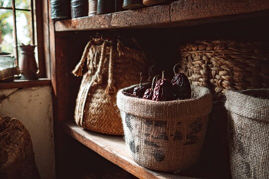 Assortment of Dried Guajillo Chili Peppers in Rustic Basket on Wooden Shelf