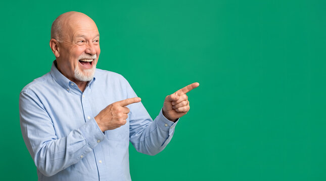 Excited senior man with beard pointing fingers to the side.