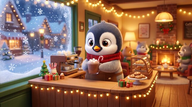 An adorable baby penguin working as a cheerful barista inside a warm, festive coffee shop during winter. Cozy lights, snowy village scenery, delicious pastries, and a heartwarming holiday atmosphere.
