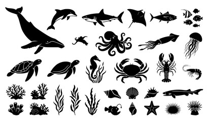 Ocean Wildlife Silhouette Vector Collection with Marine Animals Fish Cephalopods and Coral Elements © MdShojib