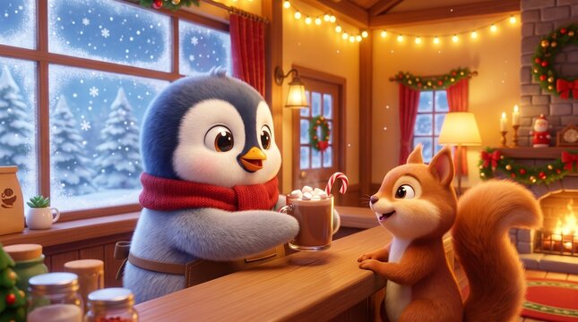 A delightful illustration of a baby penguin interacting with a curious squirrel inside a cozy winter caf&eacute;. Warm lighting, festive decorations, and snowy windows create a magical holiday scene,kindness