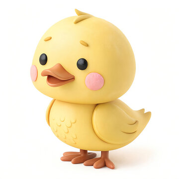 Cute yellow duck with tiny feet, 3D clay illustration, smooth rounded shapes, kawaii style, isolated on white background