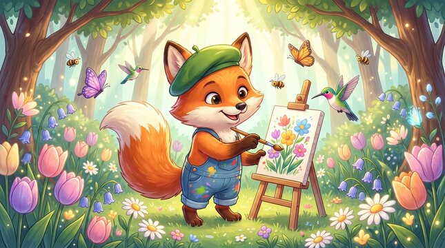A cheerful fox artist creating a beautiful floral painting surrounded by blooming flowers, butterflies, and lush woodland scenery. This enchanting fantasy illustration celebrates creativity.