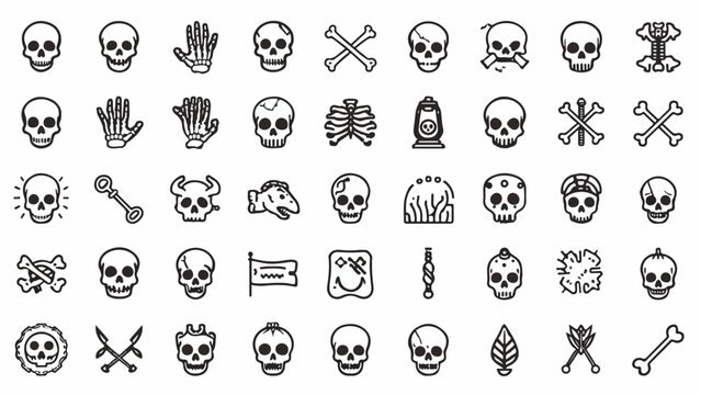 Skeleton Outline Icons: 36 Bone Anatomy Symbols Grid Sheet for Fossil Halloween & Skull Vector Design