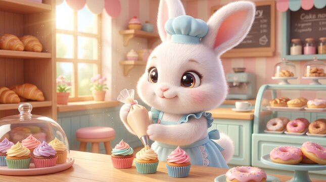 A cheerful bunny baker carefully decorating delicious cupcakes inside a bright and welcoming pastry shop. Warm lighting, fresh baked treats, and soft pastel colors create an inviting illustration