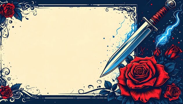 Fantasy Illustration Frame with Red Roses and Mystical Dagger featuring Parchment Background and Central Copy Space