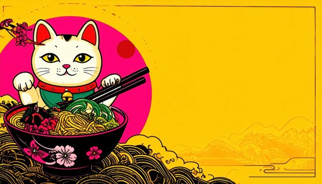 Japanese Maneki Neko Lucky Cat with Ramen Noodle Bowl and Copy Space on Yellow Background