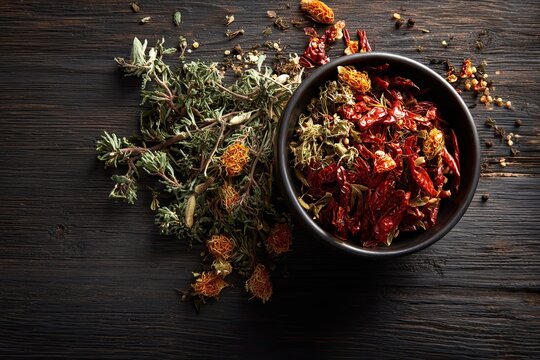 Bowl of bright red chili peppers and dried aromatic herbs on dark wooden background, a rich culinary collection