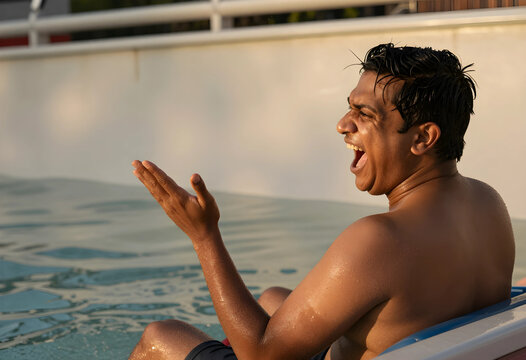 Excited adult man enjoying flume ride in warm sunlight