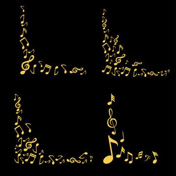 Golden music notes corner border frame vector set. Luxury gold musical symbols decorative elements on black.