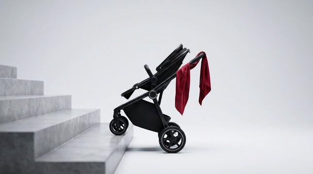Baby Stroller Stopped at Stairs Representing Parenting Difficulties and Urban Barriers