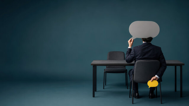 Business Person Hiding True Opinion Behind Speech Bubble During Job Interview