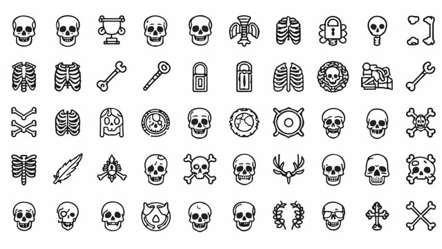 Skeleton Icons Premium: 32 Bone Outline Symbols Grid Sheet for Medical Halloween & Skull Commercial Design