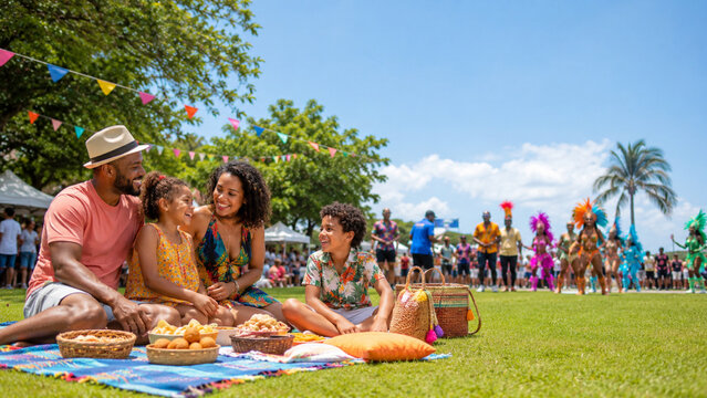 Families enjoying a joyful summer cultural festival picnic together