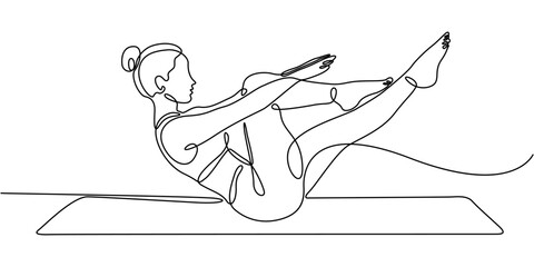 Woman doing pilates boat pose in a Continuous one line drawing style