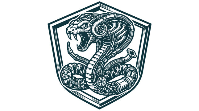 Mechanical cobra snake logo with turbocharger engine parts integrated into its anatomy, set against a shield crest frame, black and white automotive performance illustration.