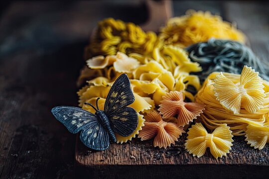 Exquisite display of assorted fresh pasta shapes artfully arranged with a striking butterfly