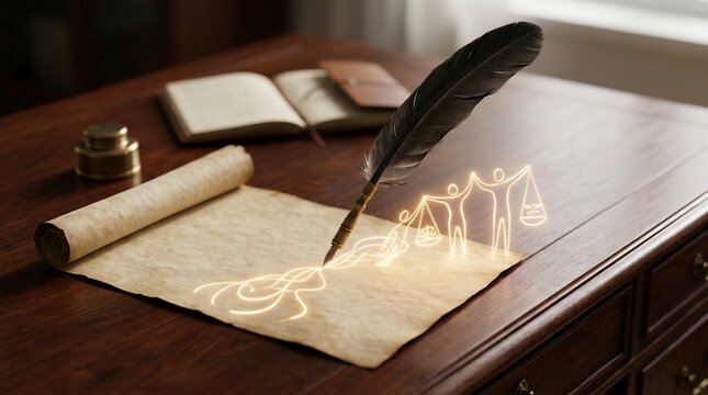 Writing history legal justice concept quill on old paper with glowing scales of justice illustration