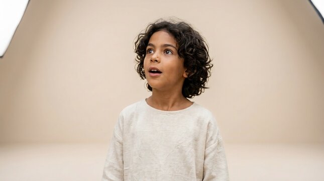 Young child with curly hair looking up in surprise studio portrait