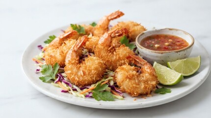 Fototapeta premium Close Up Crispy Coconut Shrimp Sweet Chili Dipping Sauce Lime Wedges Cabbage