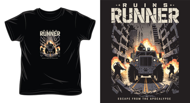 Ruins runner tactical vehicle and soldier illustration for streetwear t-shirt fashion design.